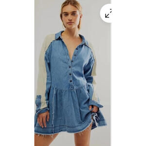 Free People Denim boho tunic Dress with Cream waffle knit Sleeves sz L # 1658